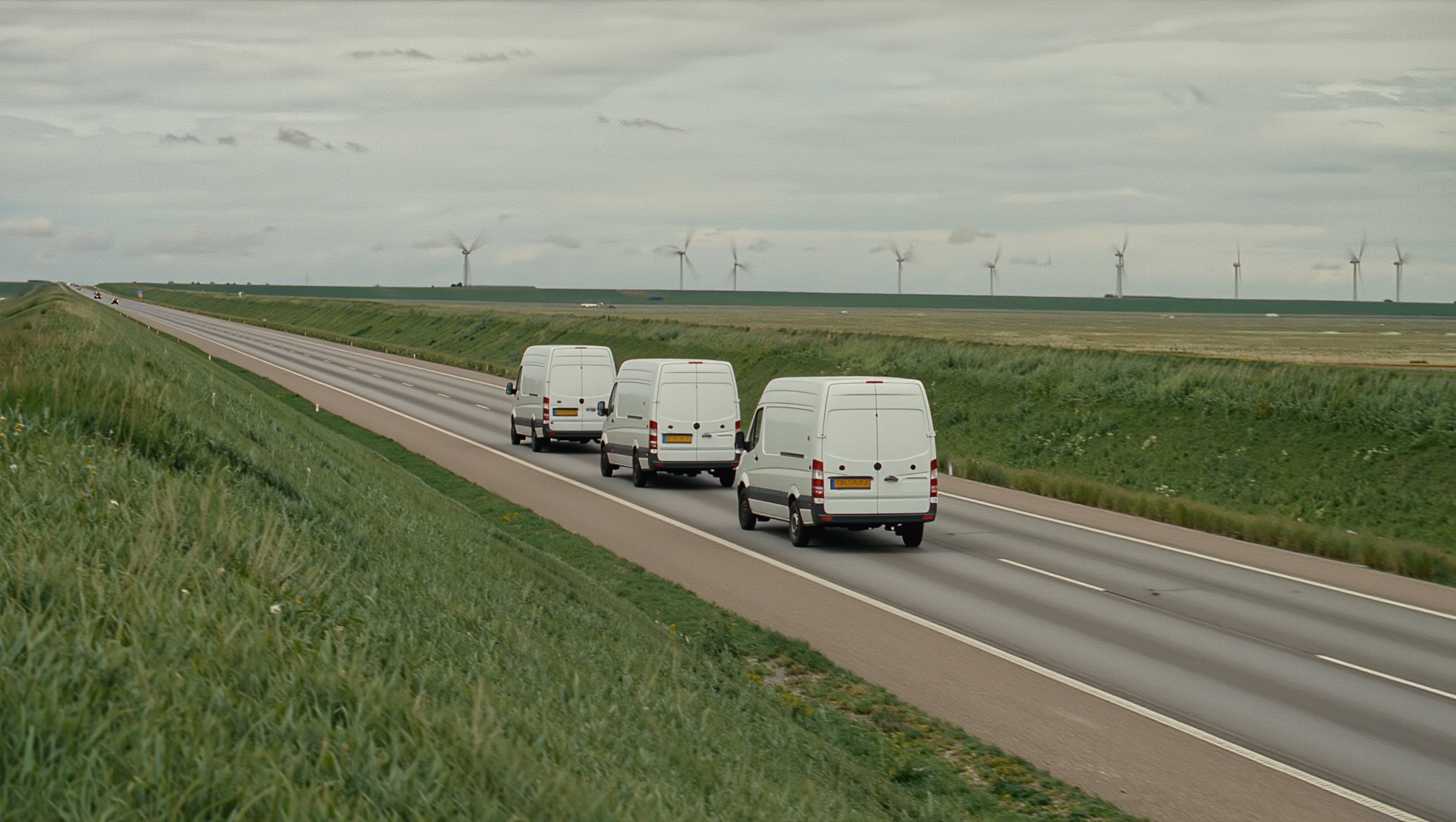 Bedrijfswagens met GPS tracking van FleetTrack Holland op de snelweg, met windmolens op de achtergrond